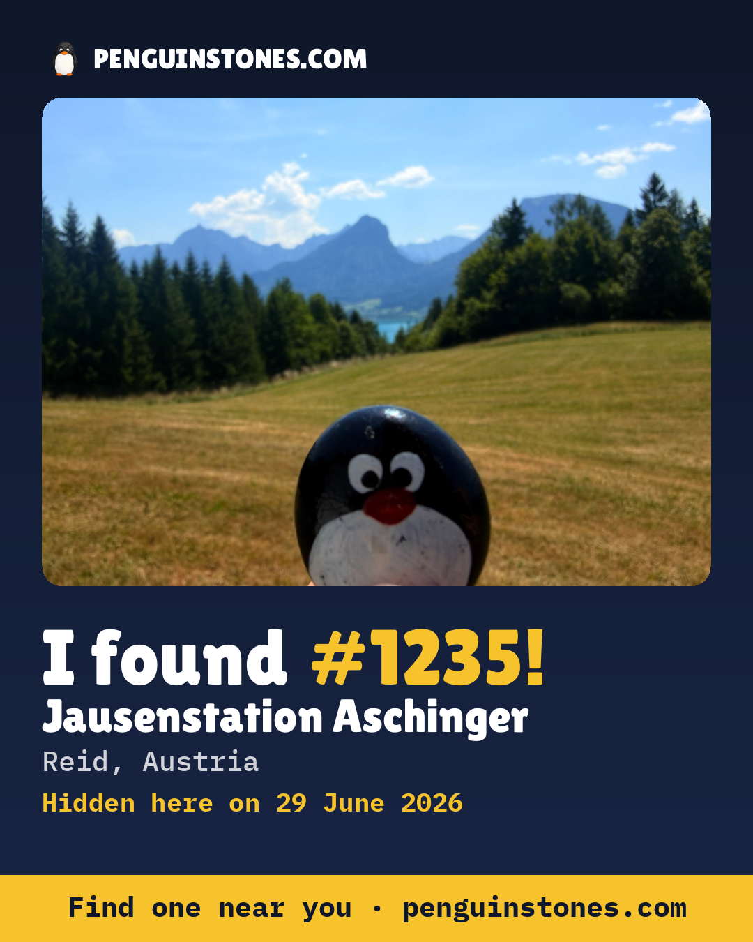 Obrázok s nápisom „I found #1235“: fotka kameňa, kde je a ako ďaleko docestoval