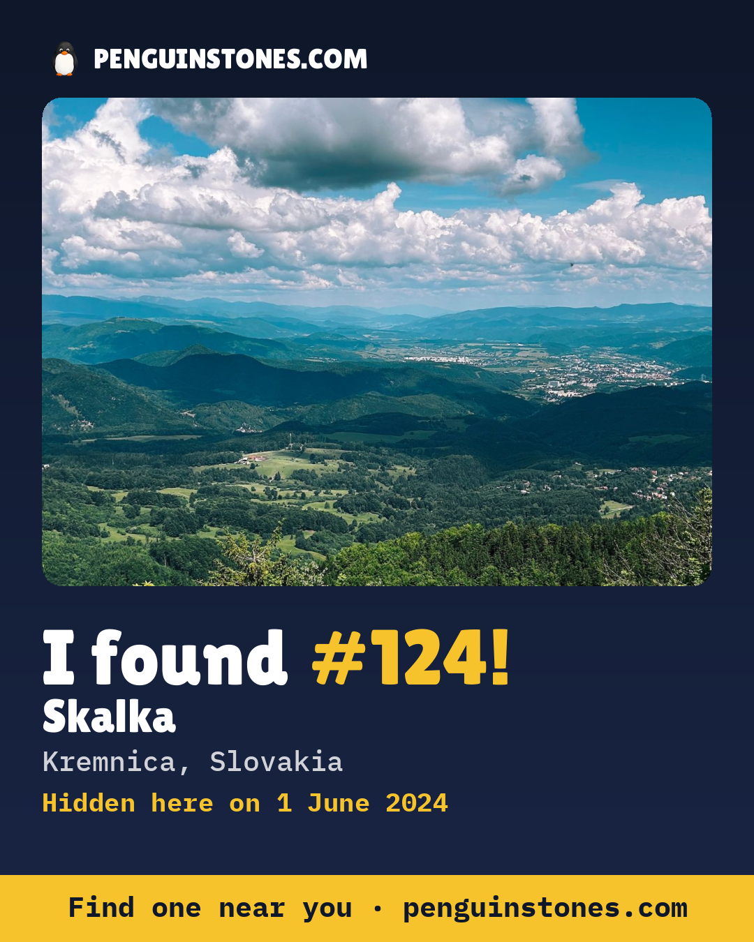 Obrázok s nápisom „I found #124“: fotka kameňa, kde je a ako ďaleko docestoval