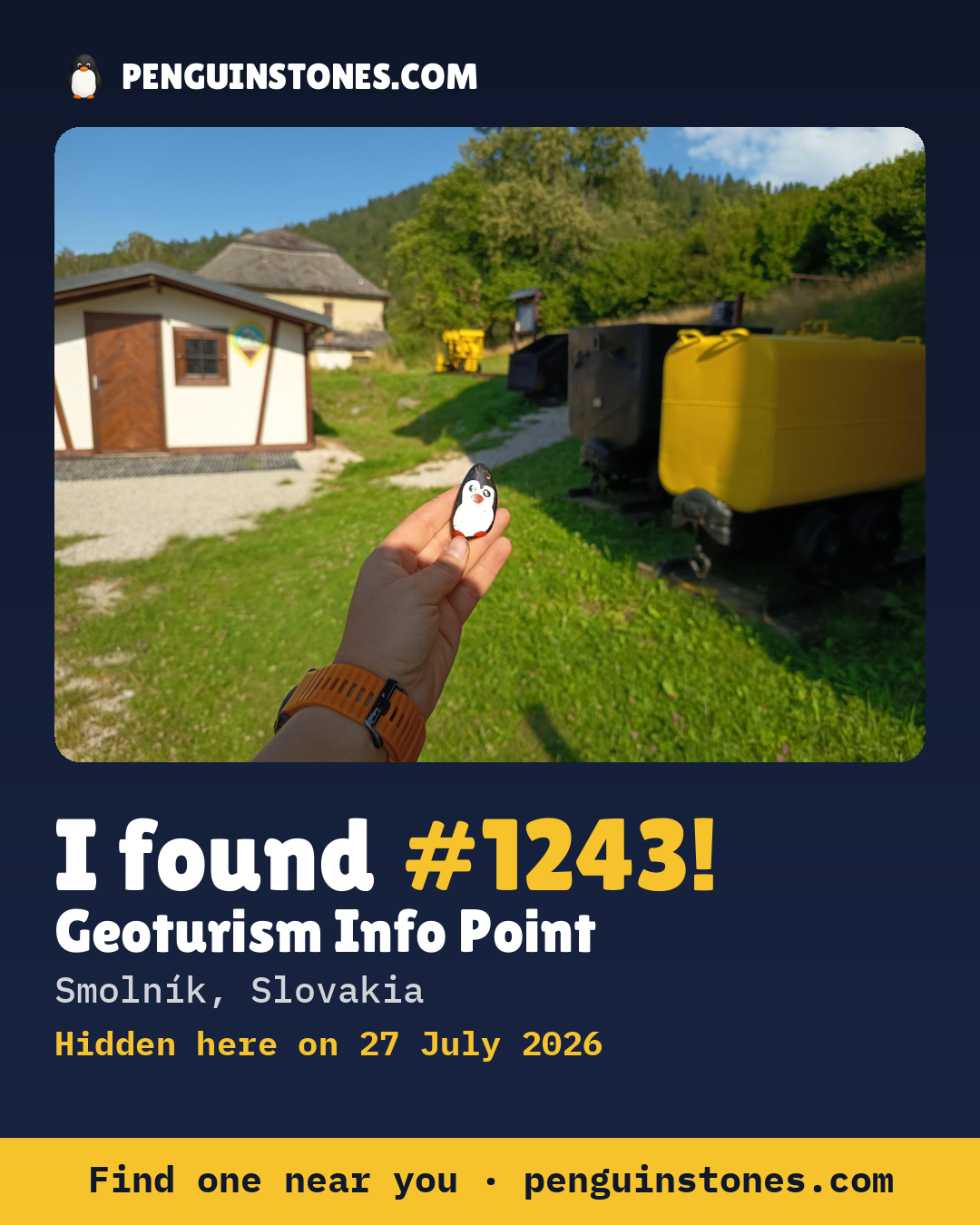 Obrázok s nápisom „I found #1243“: fotka kameňa, kde je a ako ďaleko docestoval
