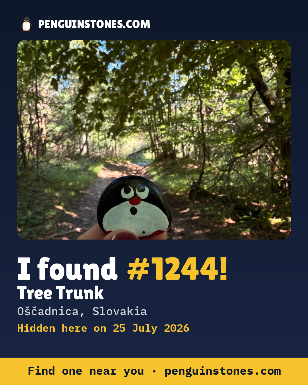Obrázok s nápisom „I found #1244“: fotka kameňa, kde je a ako ďaleko docestoval