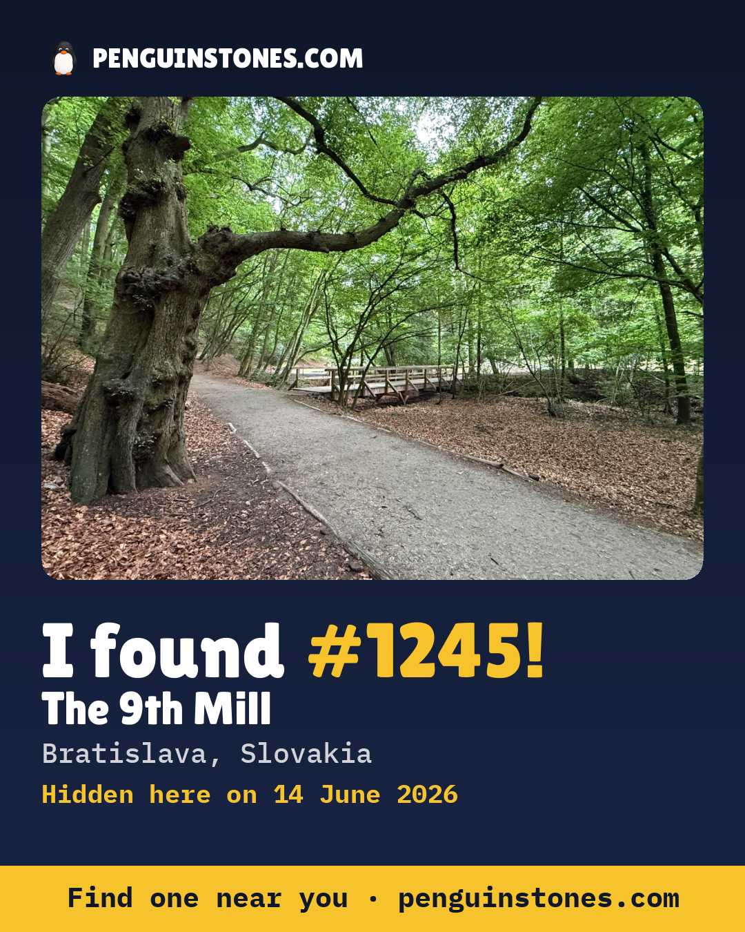 Obrázok s nápisom „I found #1245“: fotka kameňa, kde je a ako ďaleko docestoval