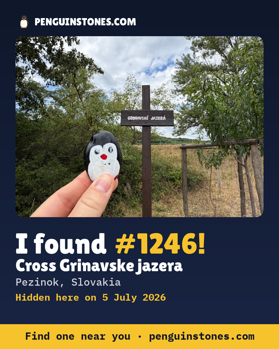 Obrázok s nápisom „I found #1246“: fotka kameňa, kde je a ako ďaleko docestoval