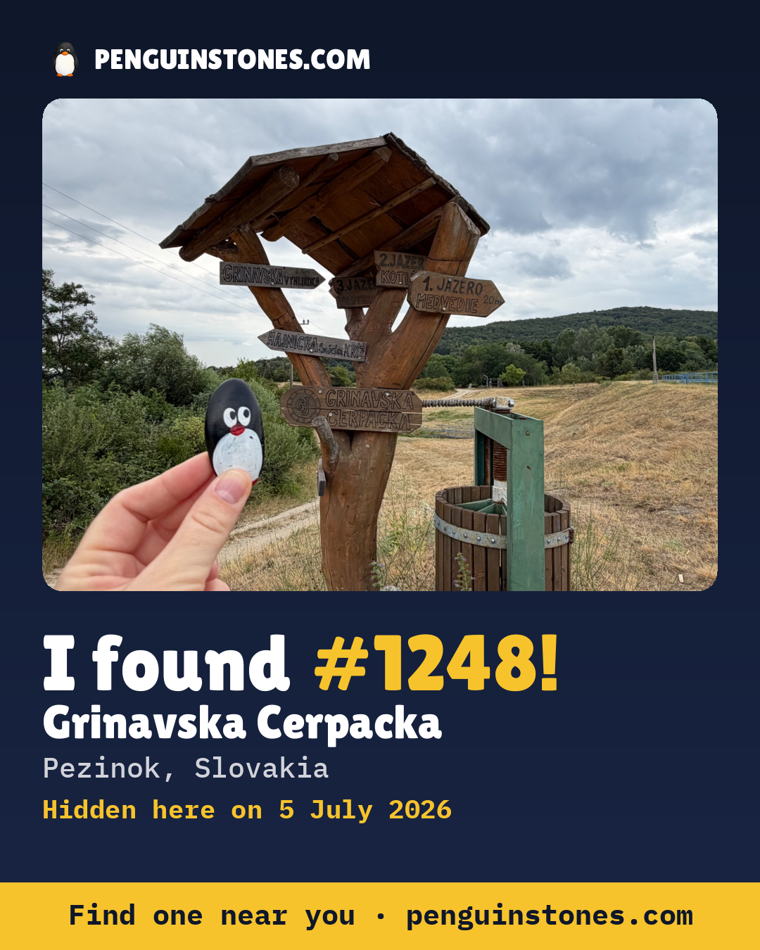 Obrázok s nápisom „I found #1248“: fotka kameňa, kde je a ako ďaleko docestoval