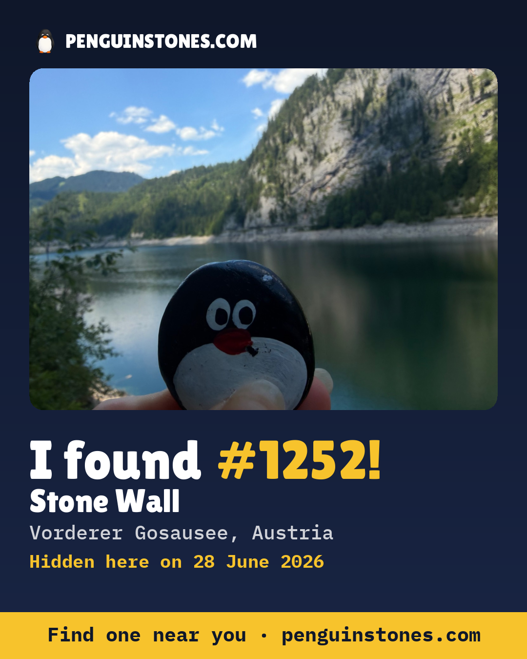 Obrázok s nápisom „I found #1252“: fotka kameňa, kde je a ako ďaleko docestoval