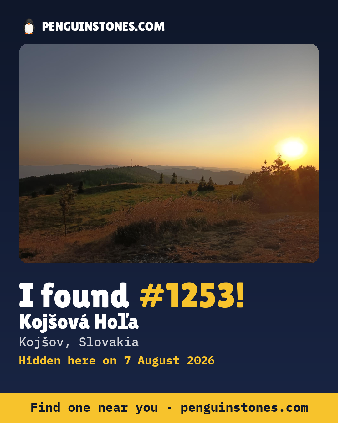 Obrázok s nápisom „I found #1253“: fotka kameňa, kde je a ako ďaleko docestoval