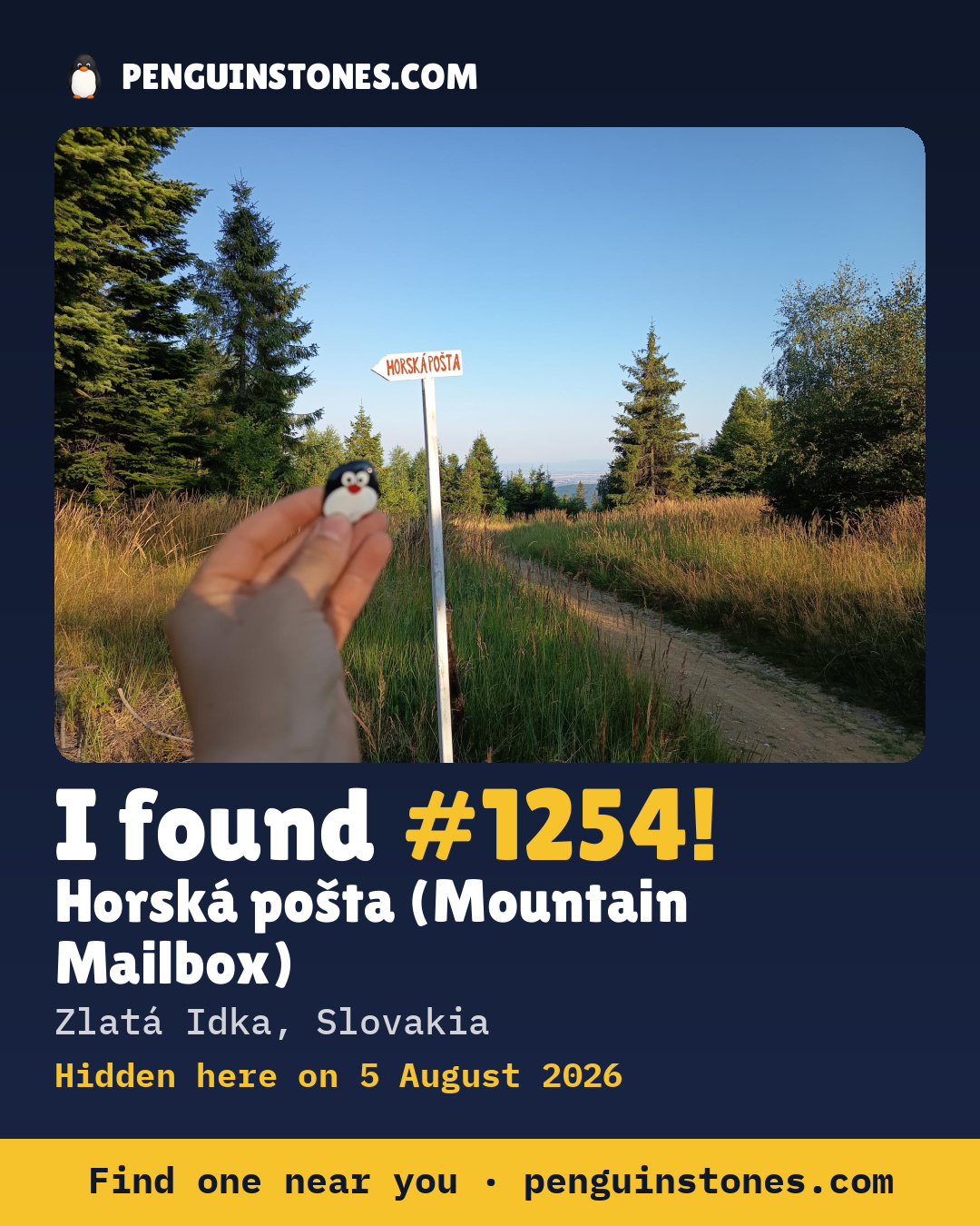 Obrázok s nápisom „I found #1254“: fotka kameňa, kde je a ako ďaleko docestoval