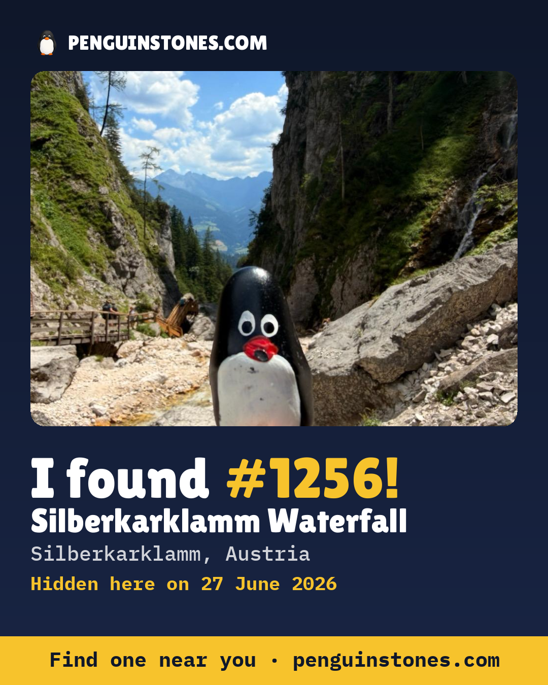 Obrázok s nápisom „I found #1256“: fotka kameňa, kde je a ako ďaleko docestoval