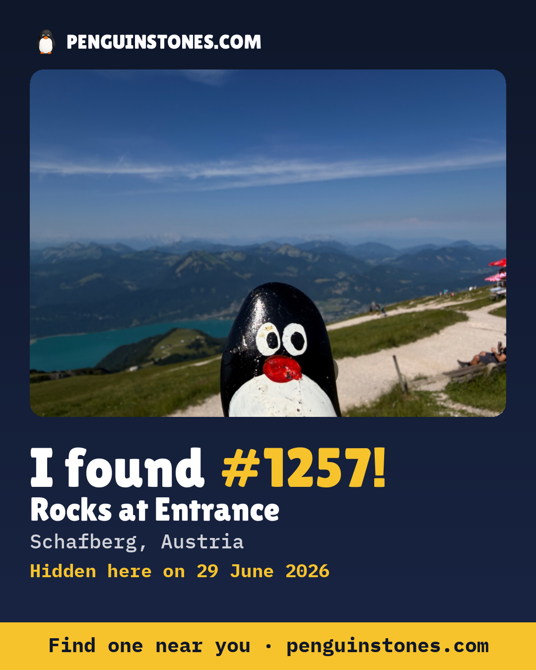 Obrázok s nápisom „I found #1257“: fotka kameňa, kde je a ako ďaleko docestoval