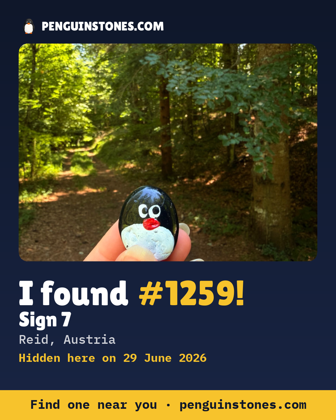 Obrázok s nápisom „I found #1259“: fotka kameňa, kde je a ako ďaleko docestoval