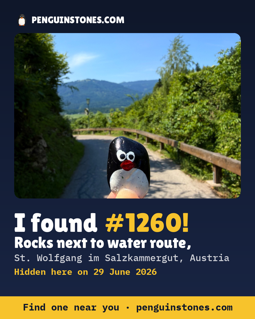 Obrázok s nápisom „I found #1260“: fotka kameňa, kde je a ako ďaleko docestoval
