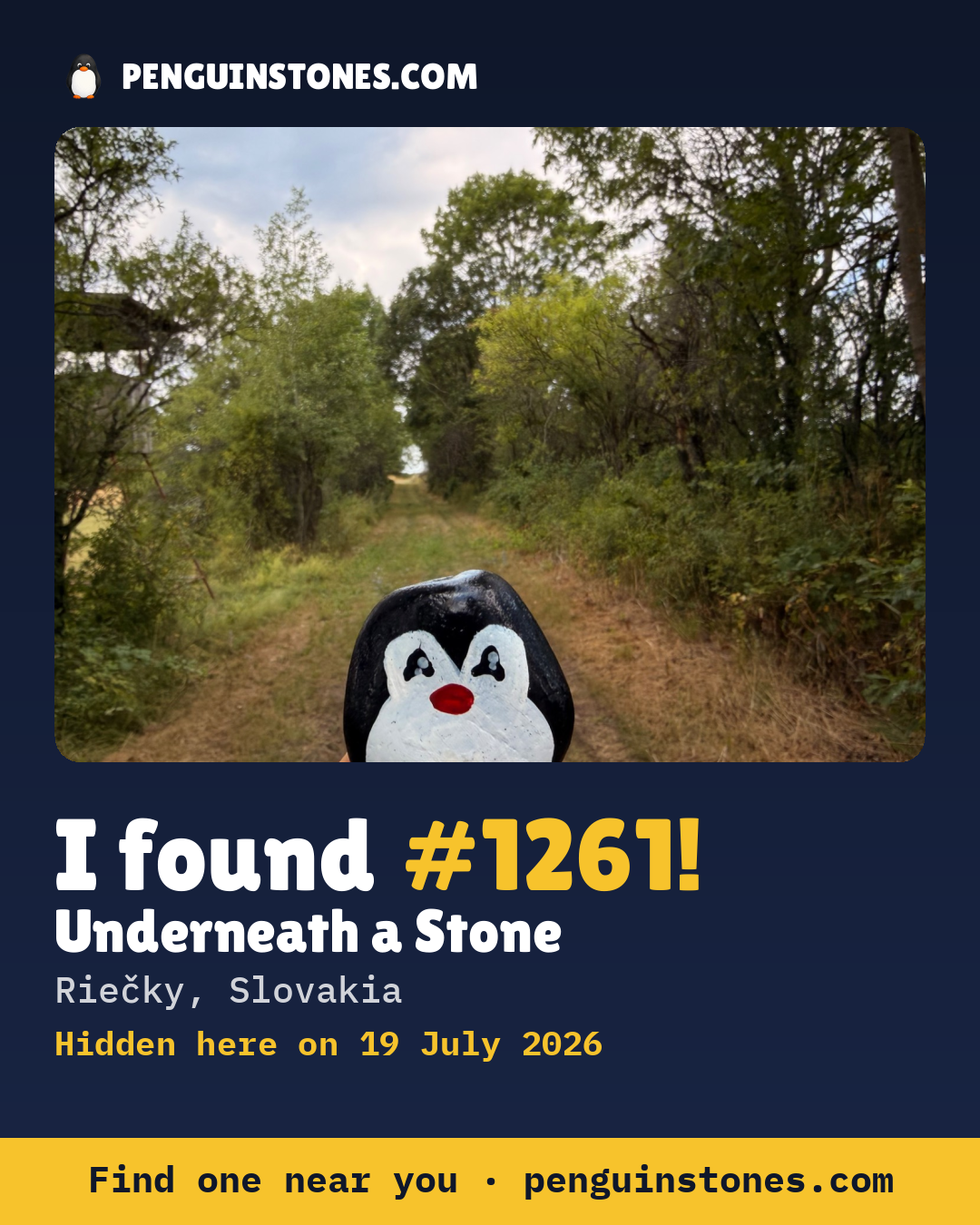 Obrázok s nápisom „I found #1261“: fotka kameňa, kde je a ako ďaleko docestoval