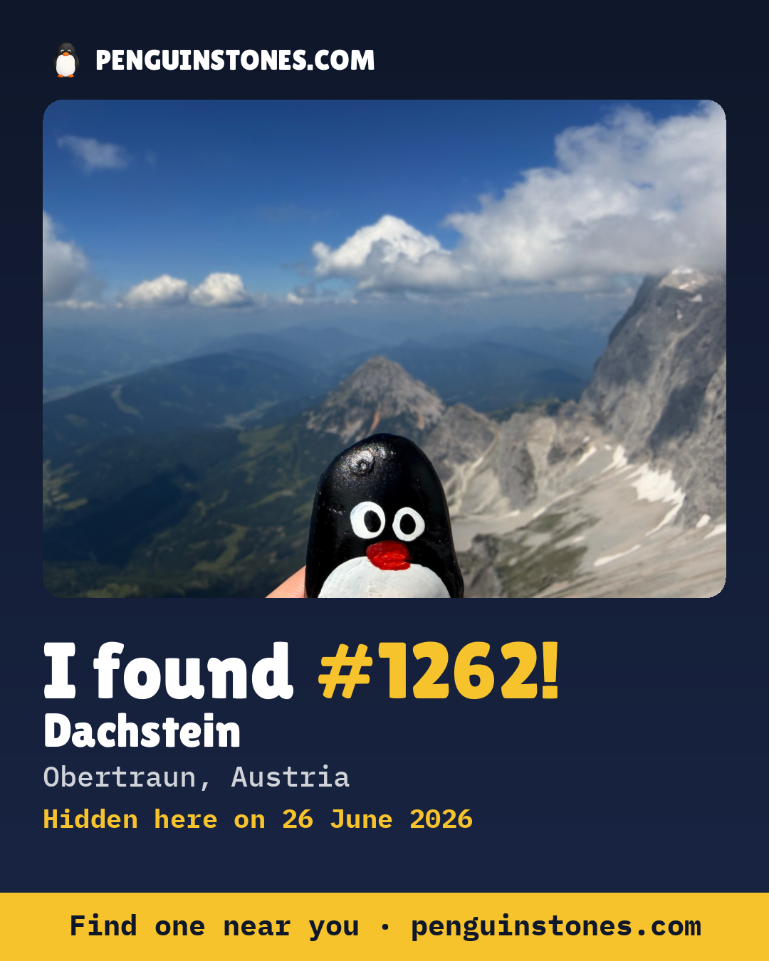 Obrázok s nápisom „I found #1262“: fotka kameňa, kde je a ako ďaleko docestoval