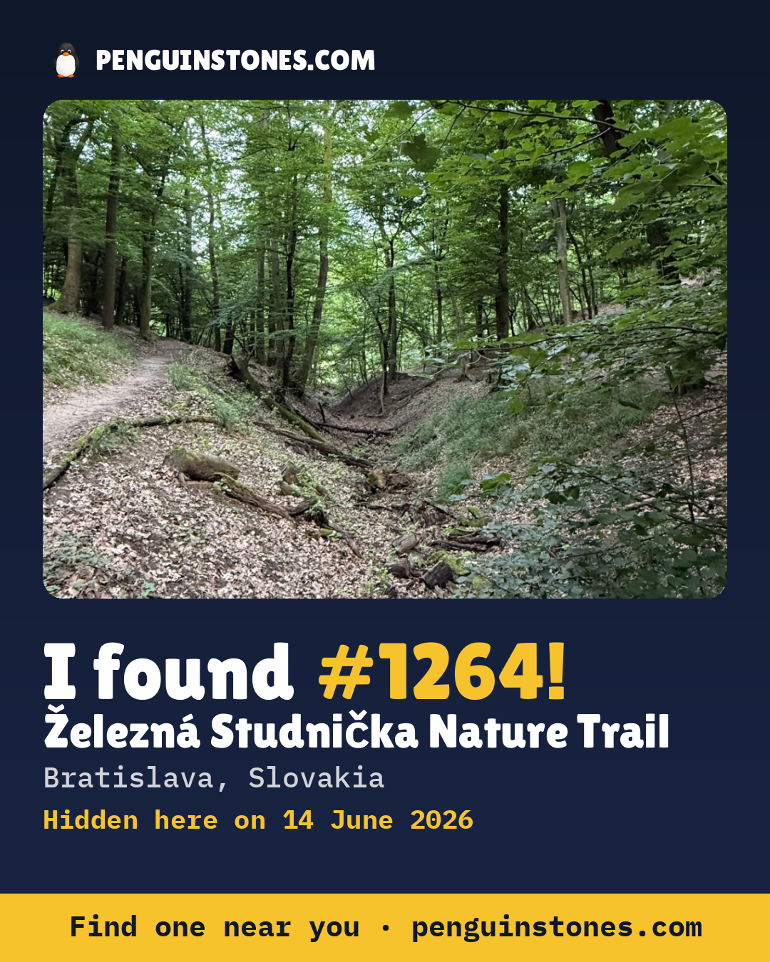 Obrázok s nápisom „I found #1264“: fotka kameňa, kde je a ako ďaleko docestoval