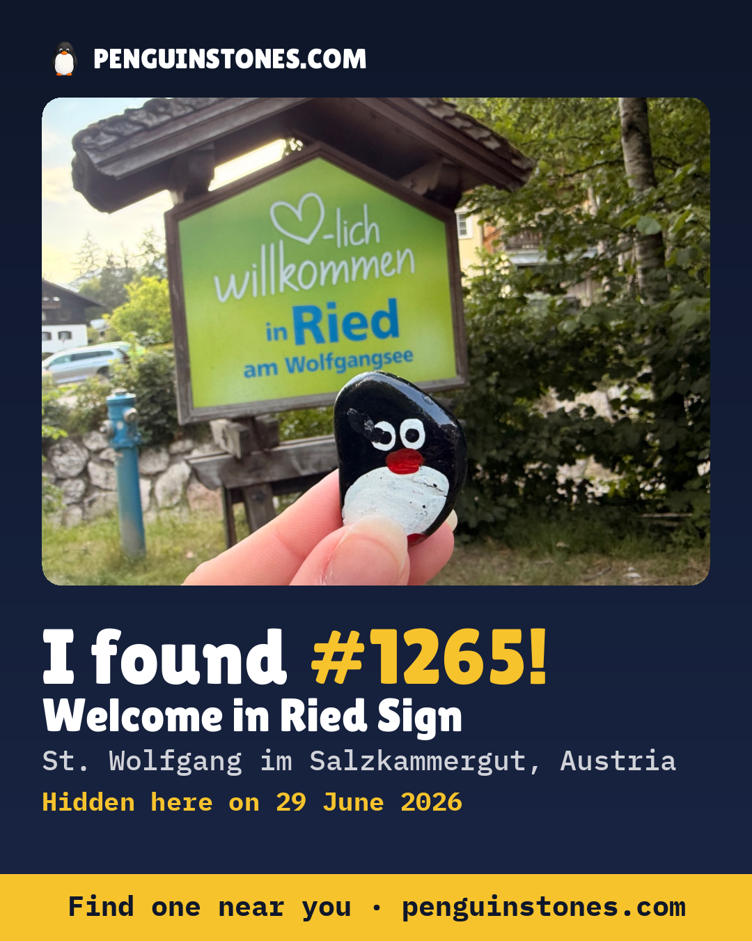 Obrázok s nápisom „I found #1265“: fotka kameňa, kde je a ako ďaleko docestoval