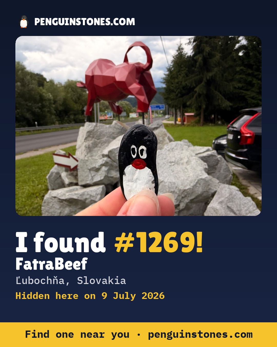 Obrázok s nápisom „I found #1269“: fotka kameňa, kde je a ako ďaleko docestoval