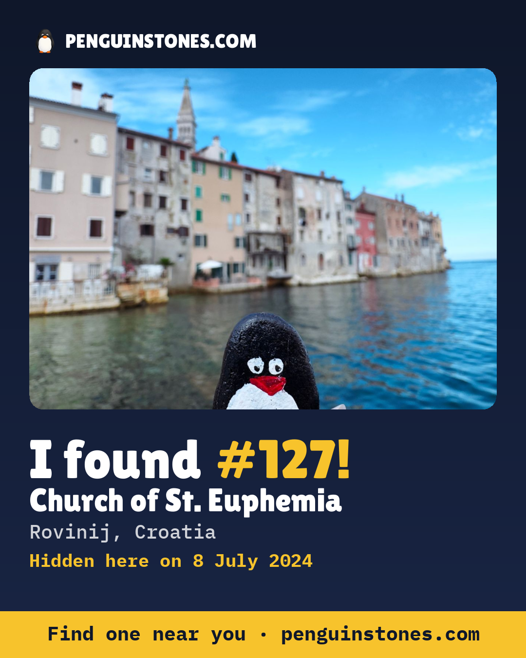 Obrázok s nápisom „I found #127“: fotka kameňa, kde je a ako ďaleko docestoval