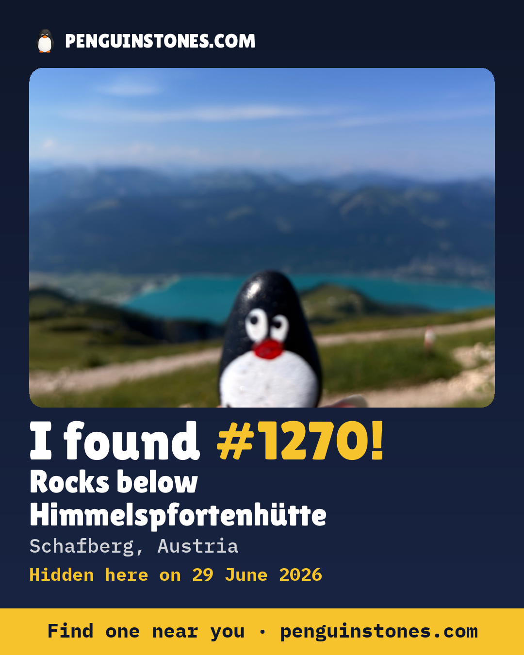 Obrázok s nápisom „I found #1270“: fotka kameňa, kde je a ako ďaleko docestoval