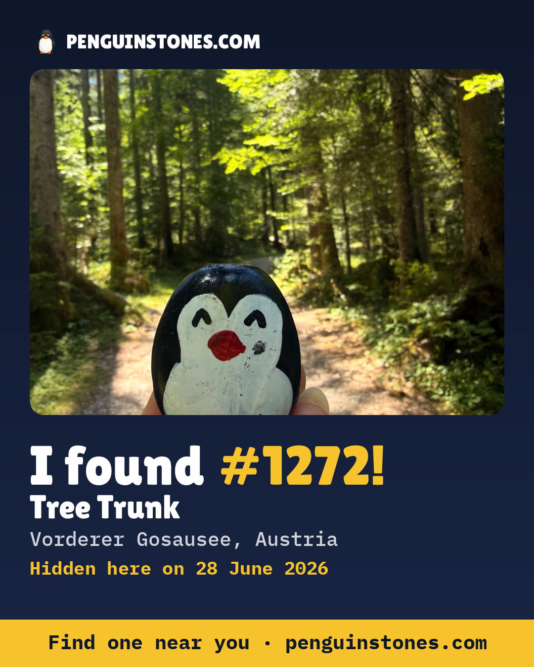 Obrázok s nápisom „I found #1272“: fotka kameňa, kde je a ako ďaleko docestoval