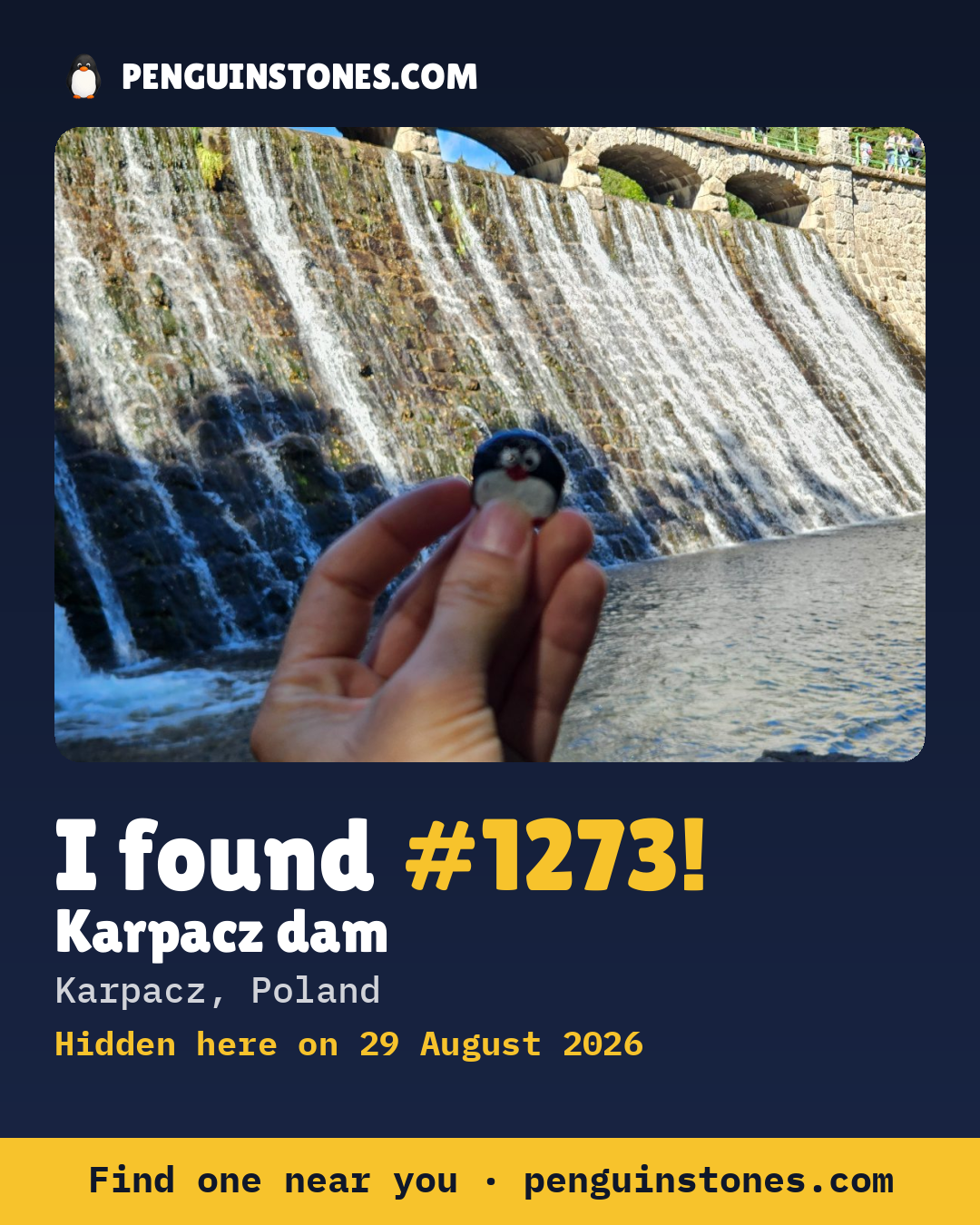 Obrázok s nápisom „I found #1273“: fotka kameňa, kde je a ako ďaleko docestoval