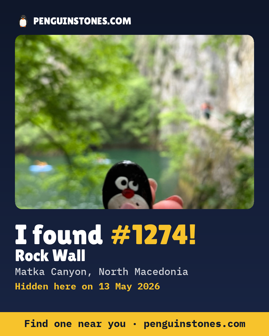 Obrázok s nápisom „I found #1274“: fotka kameňa, kde je a ako ďaleko docestoval