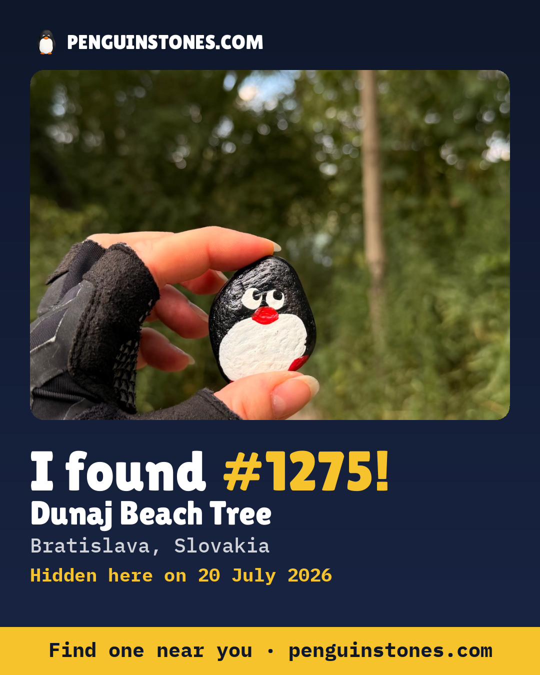 Obrázok s nápisom „I found #1275“: fotka kameňa, kde je a ako ďaleko docestoval