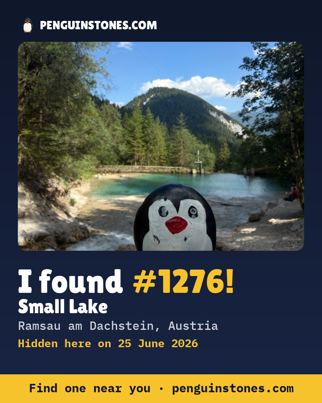 Obrázok s nápisom „I found #1276“: fotka kameňa, kde je a ako ďaleko docestoval