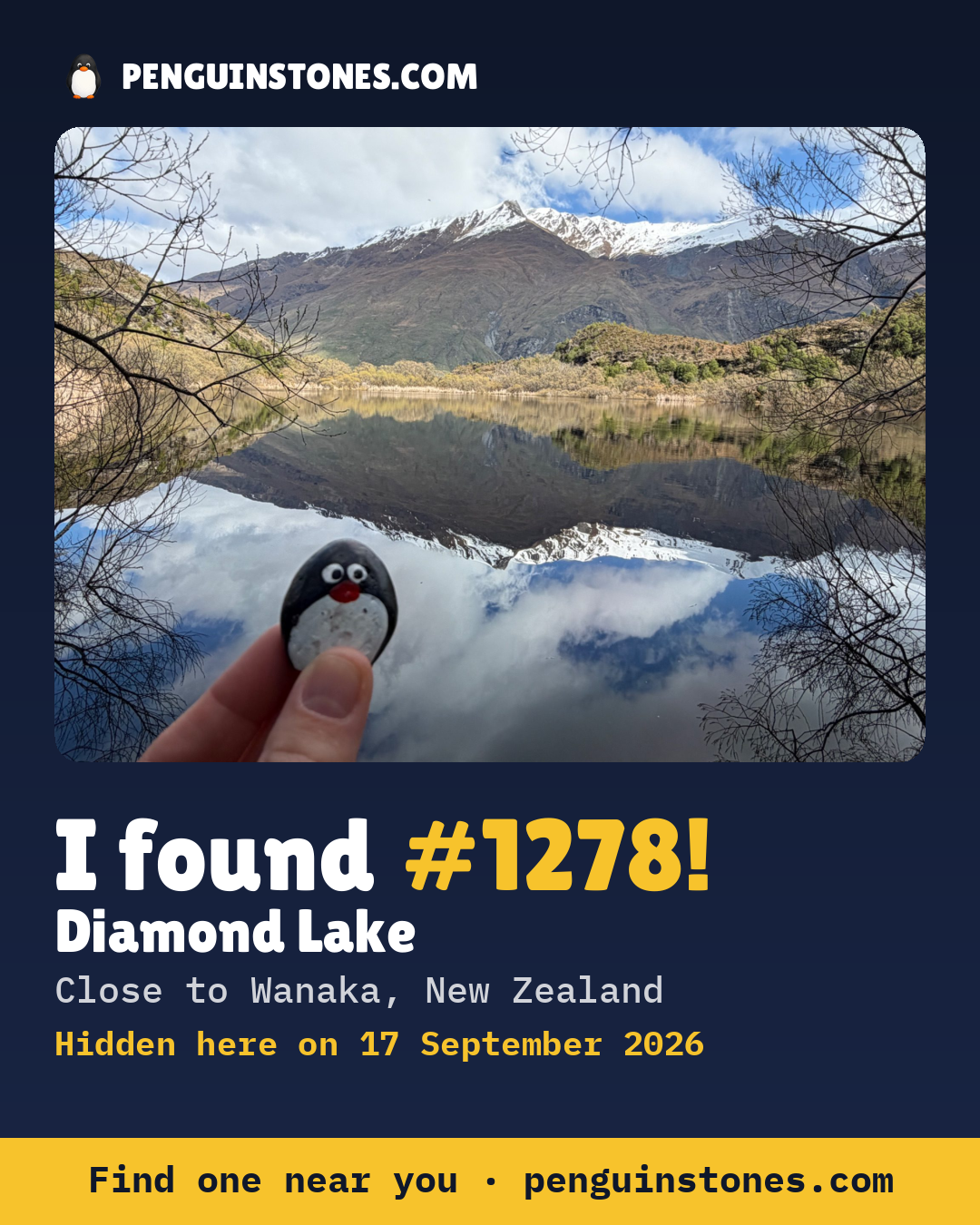 Obrázok s nápisom „I found #1278“: fotka kameňa, kde je a ako ďaleko docestoval