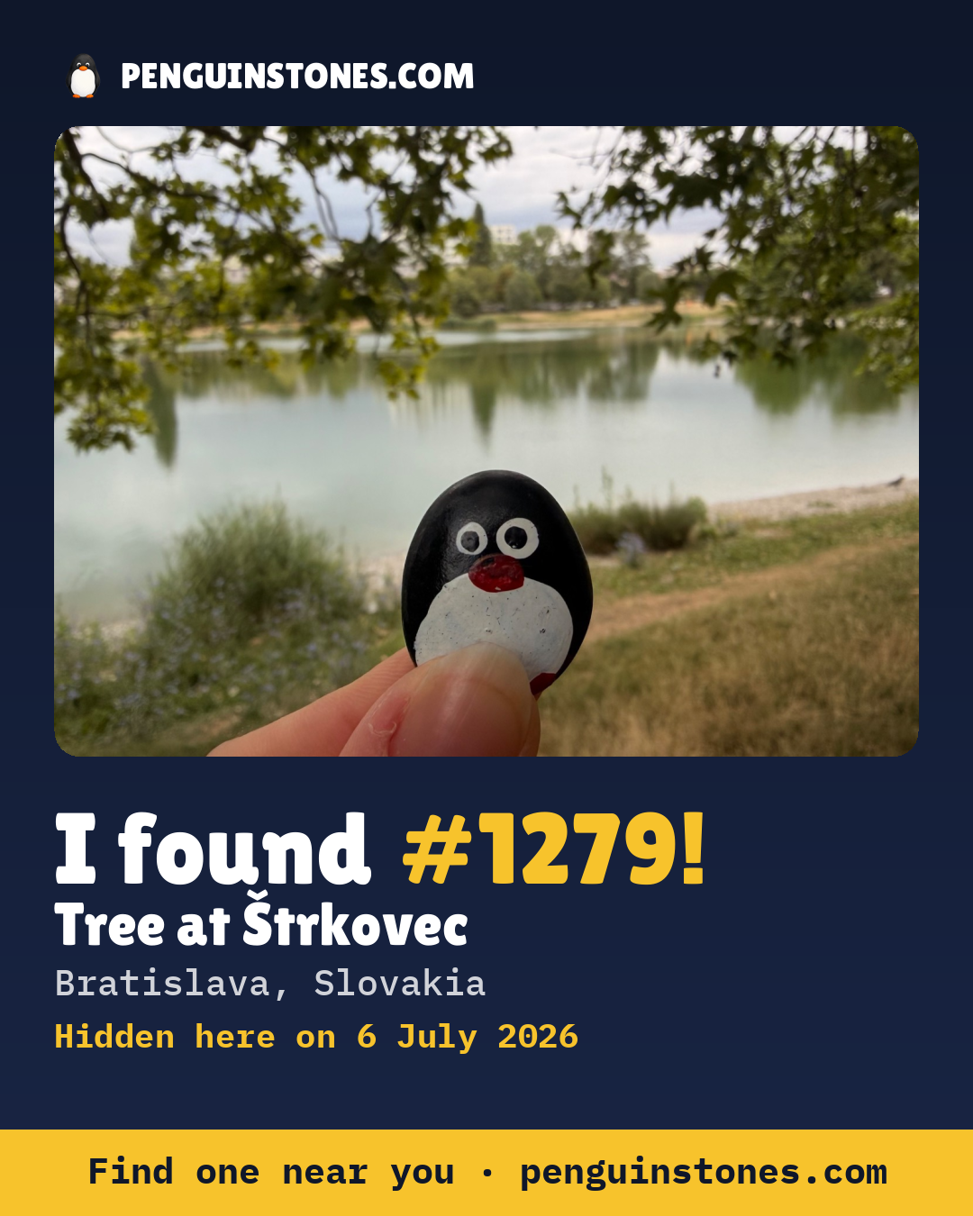 Obrázok s nápisom „I found #1279“: fotka kameňa, kde je a ako ďaleko docestoval