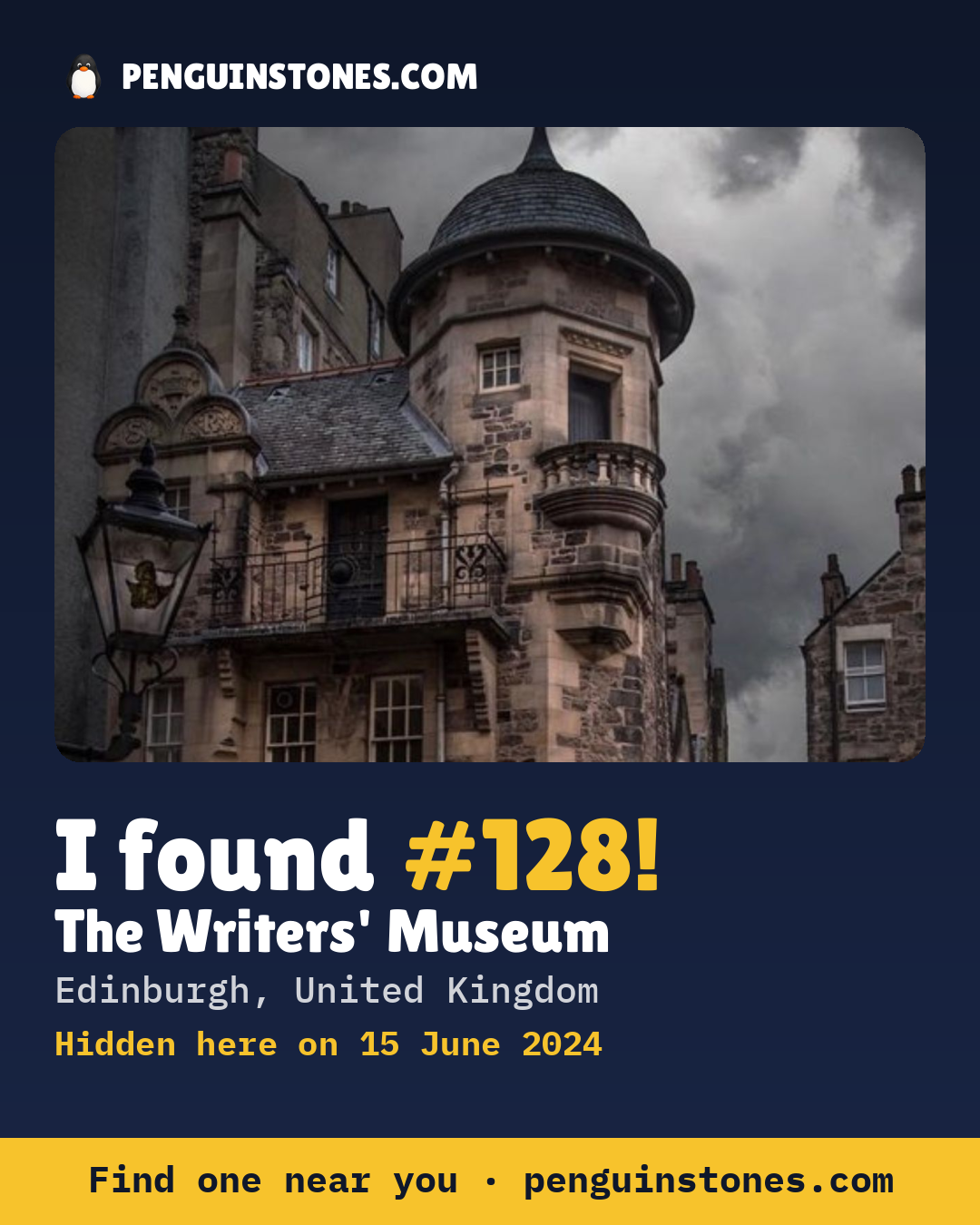 Obrázok s nápisom „I found #128“: fotka kameňa, kde je a ako ďaleko docestoval