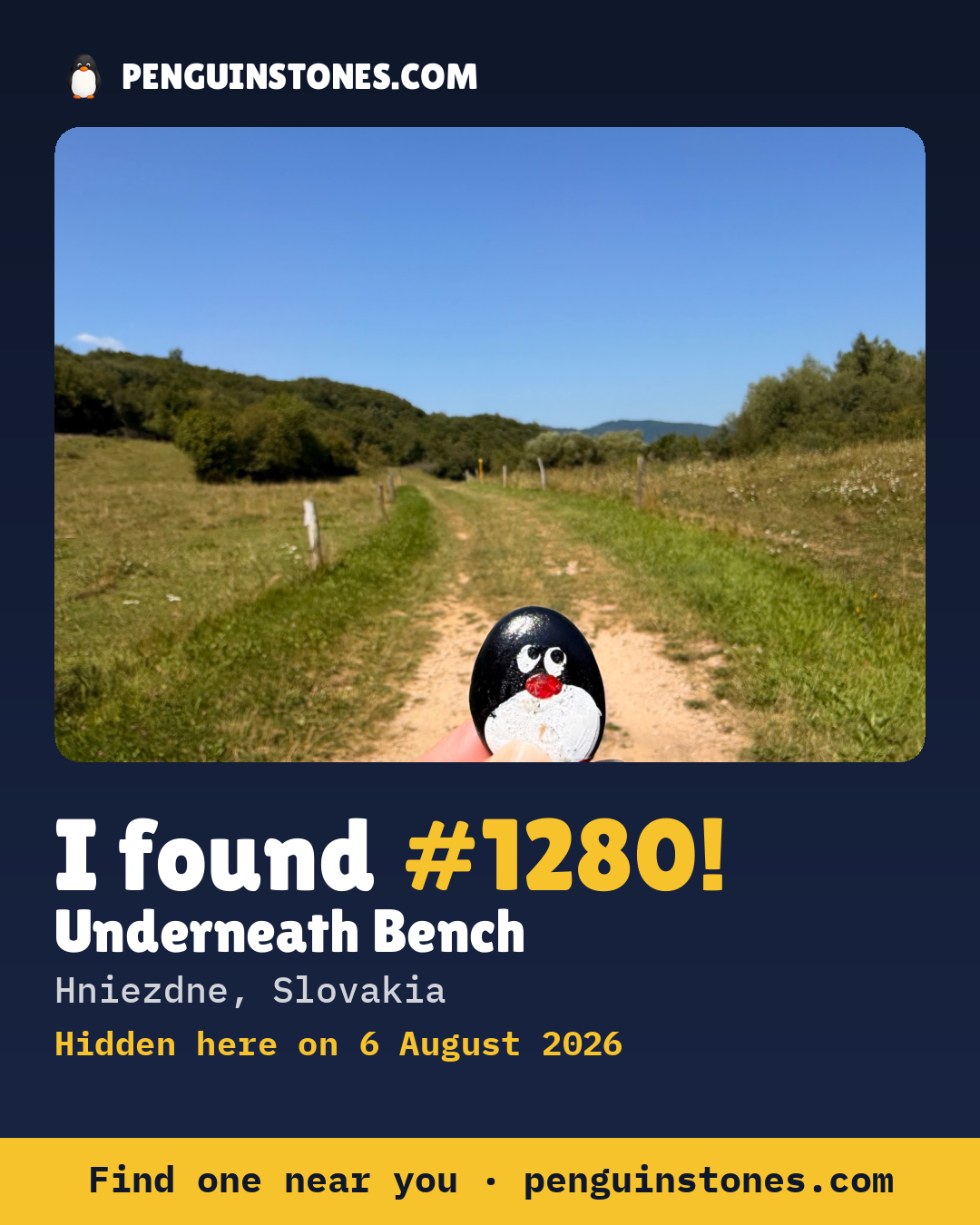 Obrázok s nápisom „I found #1280“: fotka kameňa, kde je a ako ďaleko docestoval