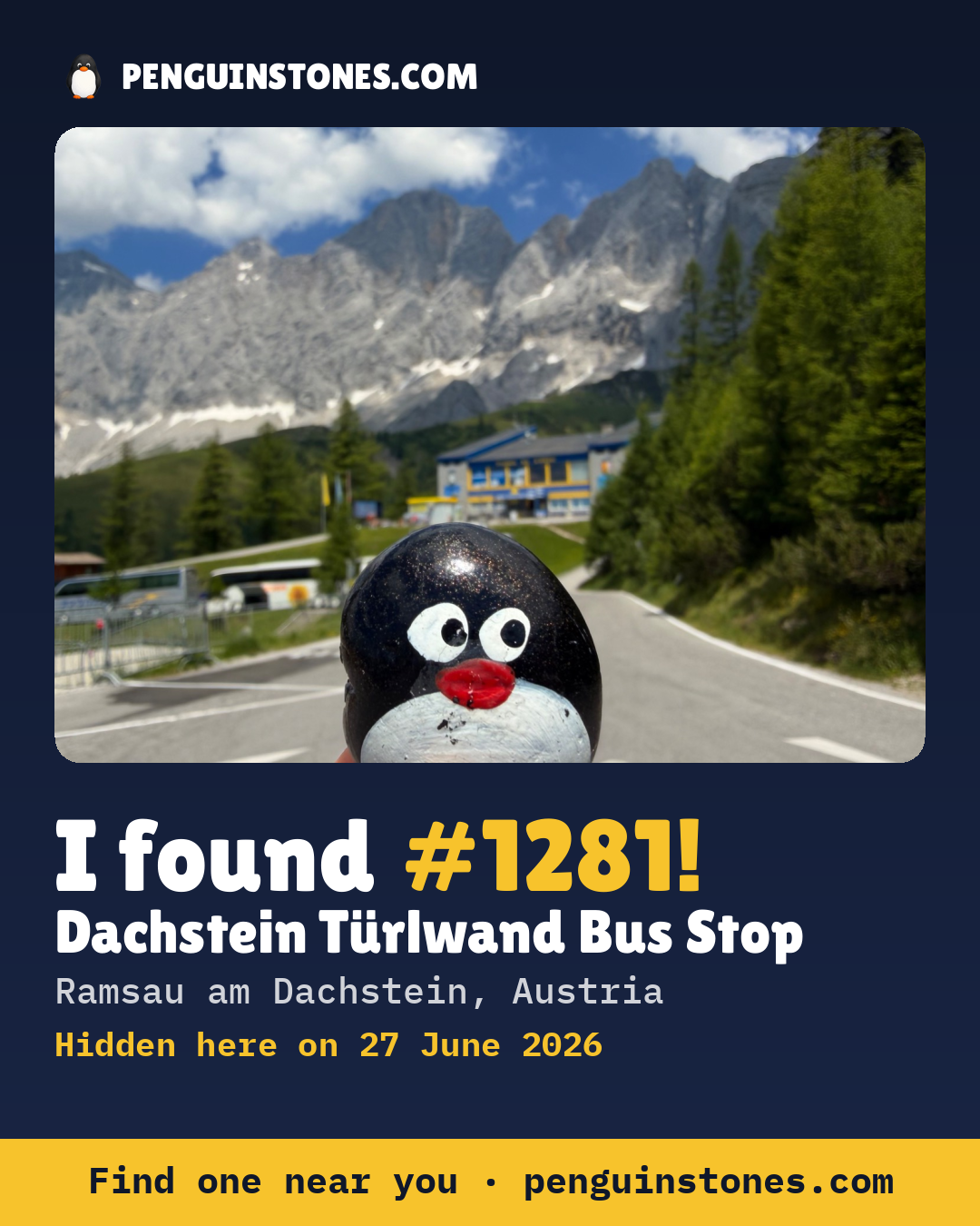 Obrázok s nápisom „I found #1281“: fotka kameňa, kde je a ako ďaleko docestoval