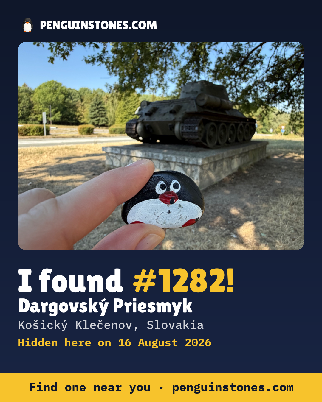 Obrázok s nápisom „I found #1282“: fotka kameňa, kde je a ako ďaleko docestoval