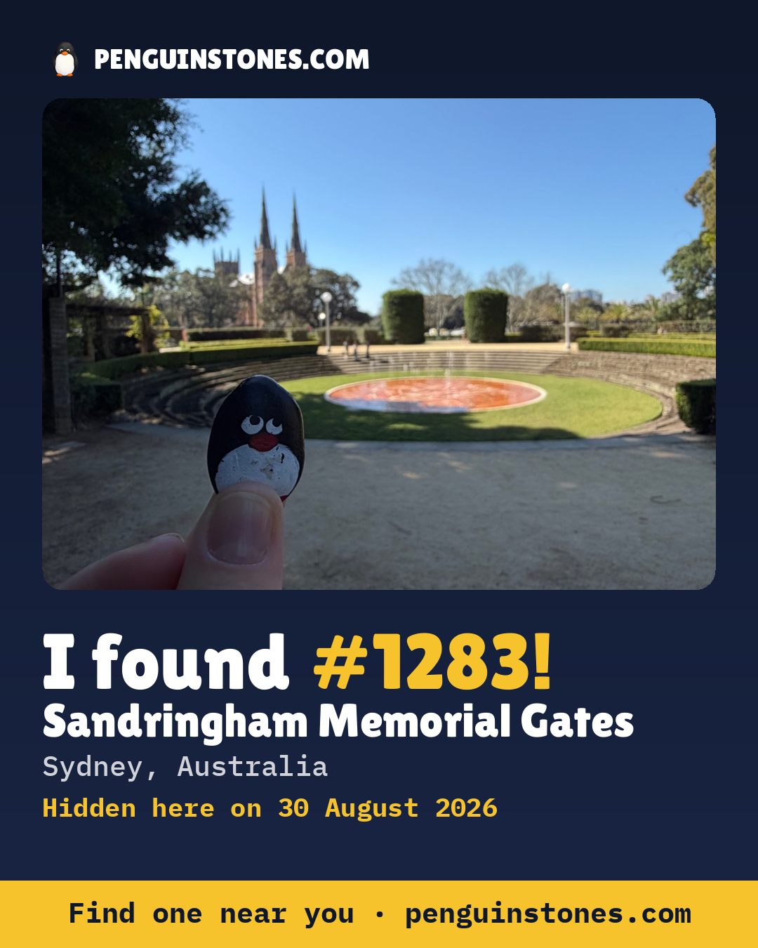 Obrázok s nápisom „I found #1283“: fotka kameňa, kde je a ako ďaleko docestoval