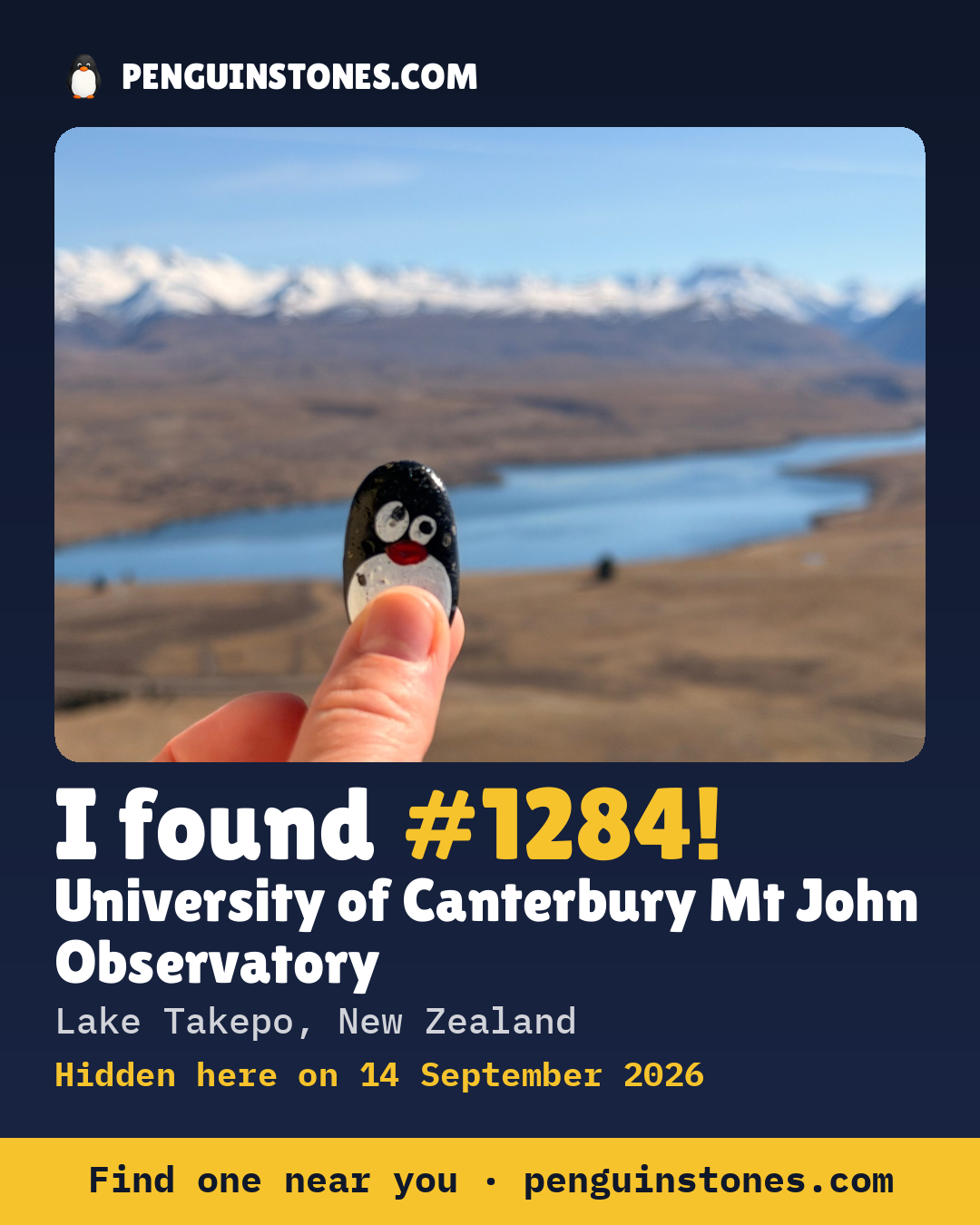 Obrázok s nápisom „I found #1284“: fotka kameňa, kde je a ako ďaleko docestoval