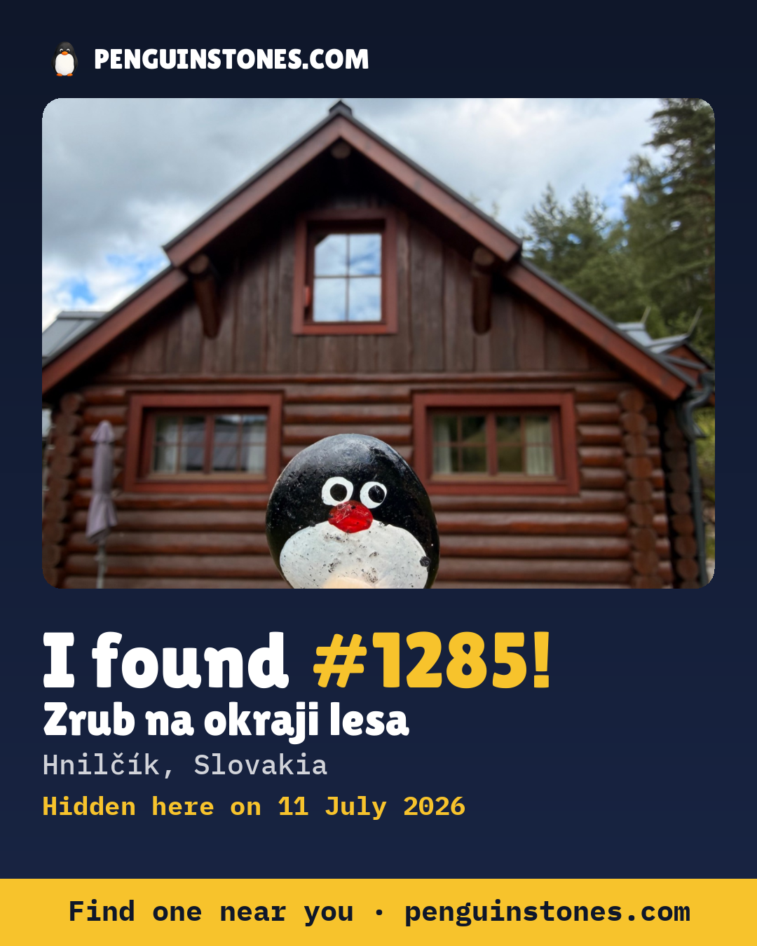 Obrázok s nápisom „I found #1285“: fotka kameňa, kde je a ako ďaleko docestoval