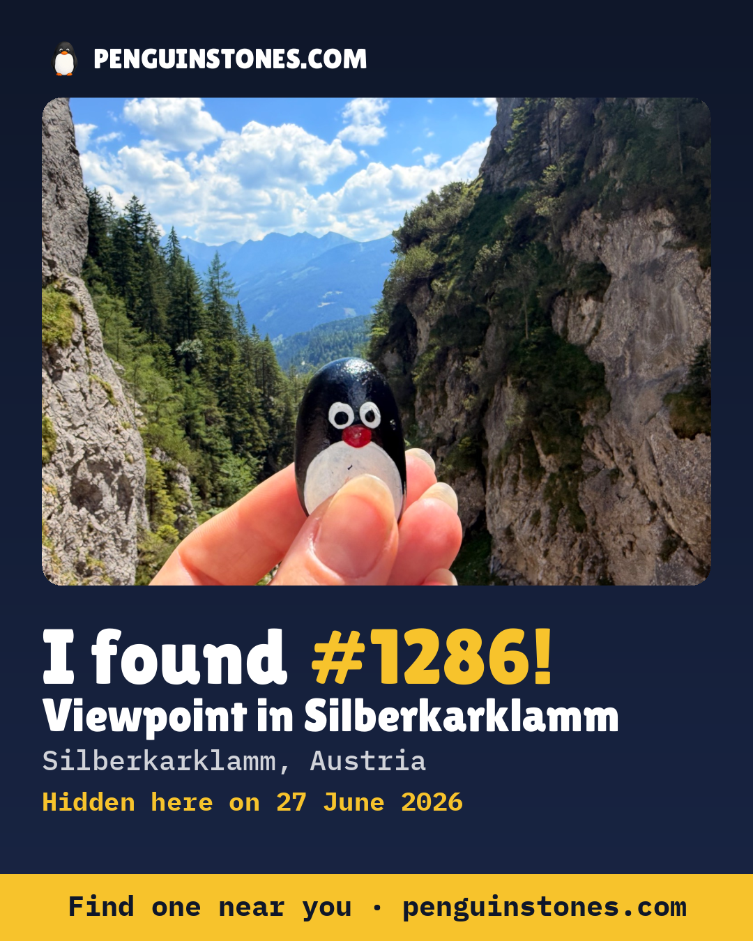 Obrázok s nápisom „I found #1286“: fotka kameňa, kde je a ako ďaleko docestoval