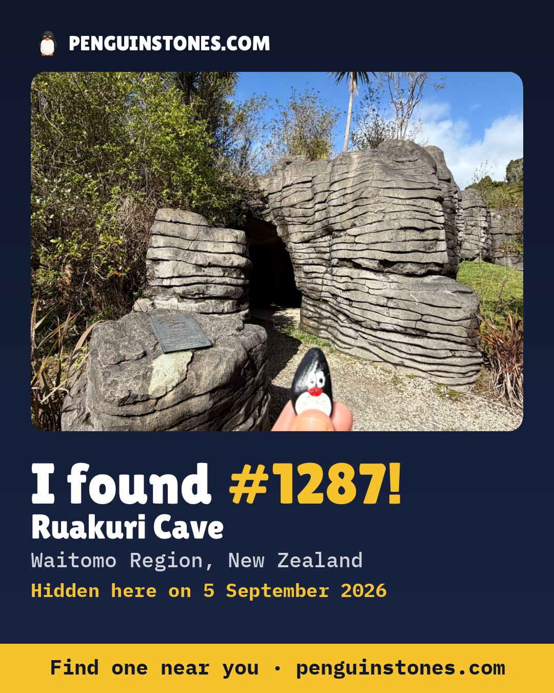 Obrázok s nápisom „I found #1287“: fotka kameňa, kde je a ako ďaleko docestoval