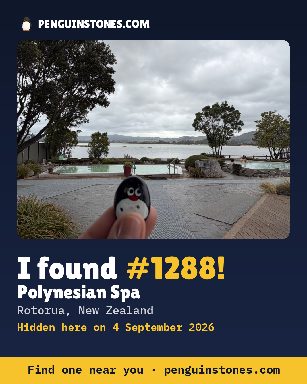 Obrázok s nápisom „I found #1288“: fotka kameňa, kde je a ako ďaleko docestoval