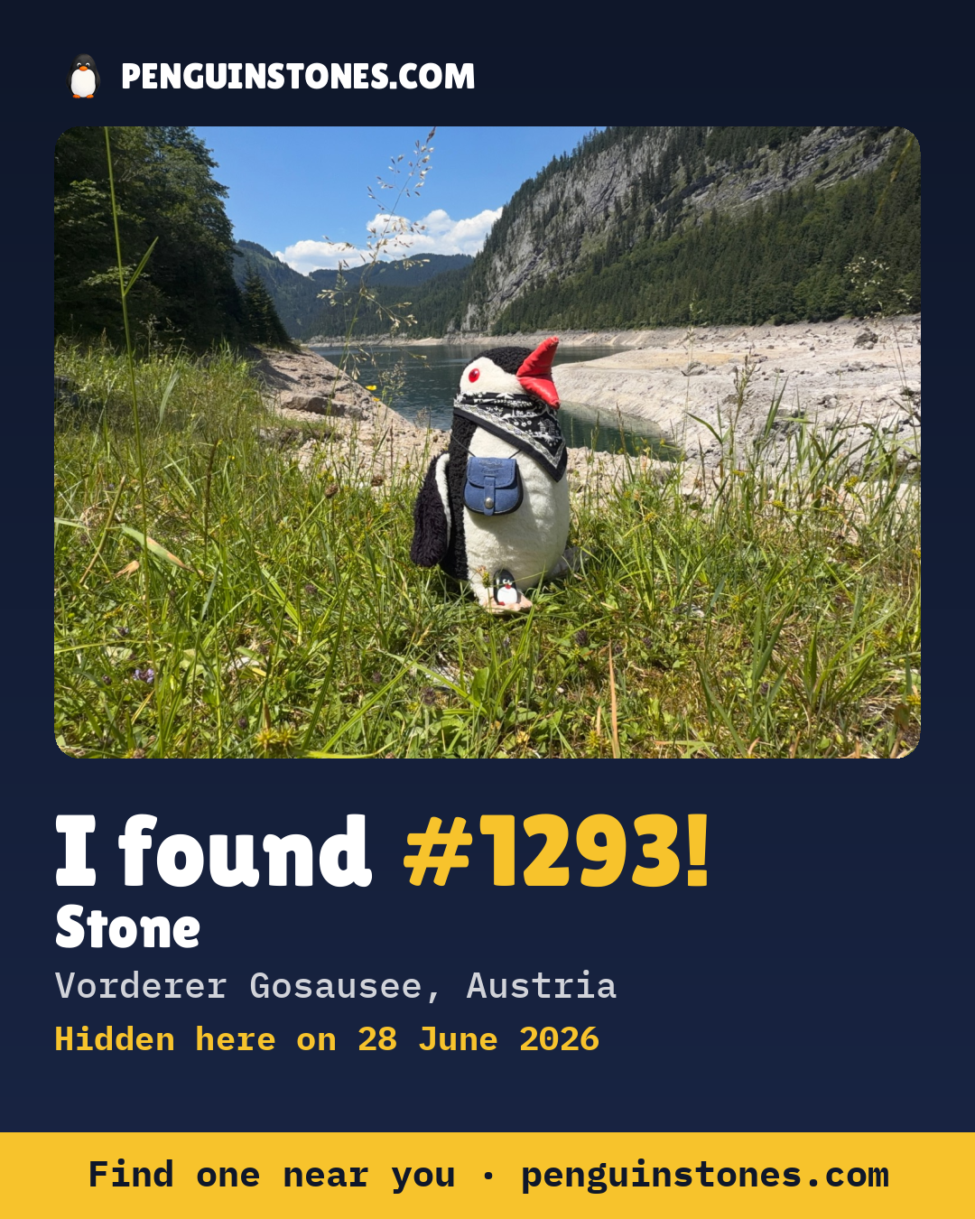 Obrázok s nápisom „I found #1293“: fotka kameňa, kde je a ako ďaleko docestoval