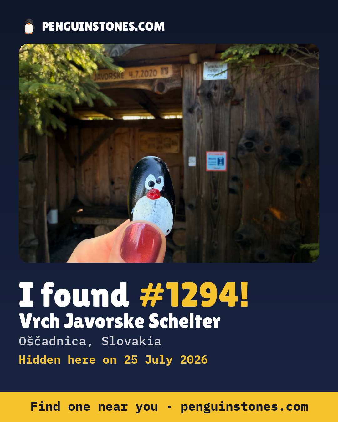 Obrázok s nápisom „I found #1294“: fotka kameňa, kde je a ako ďaleko docestoval