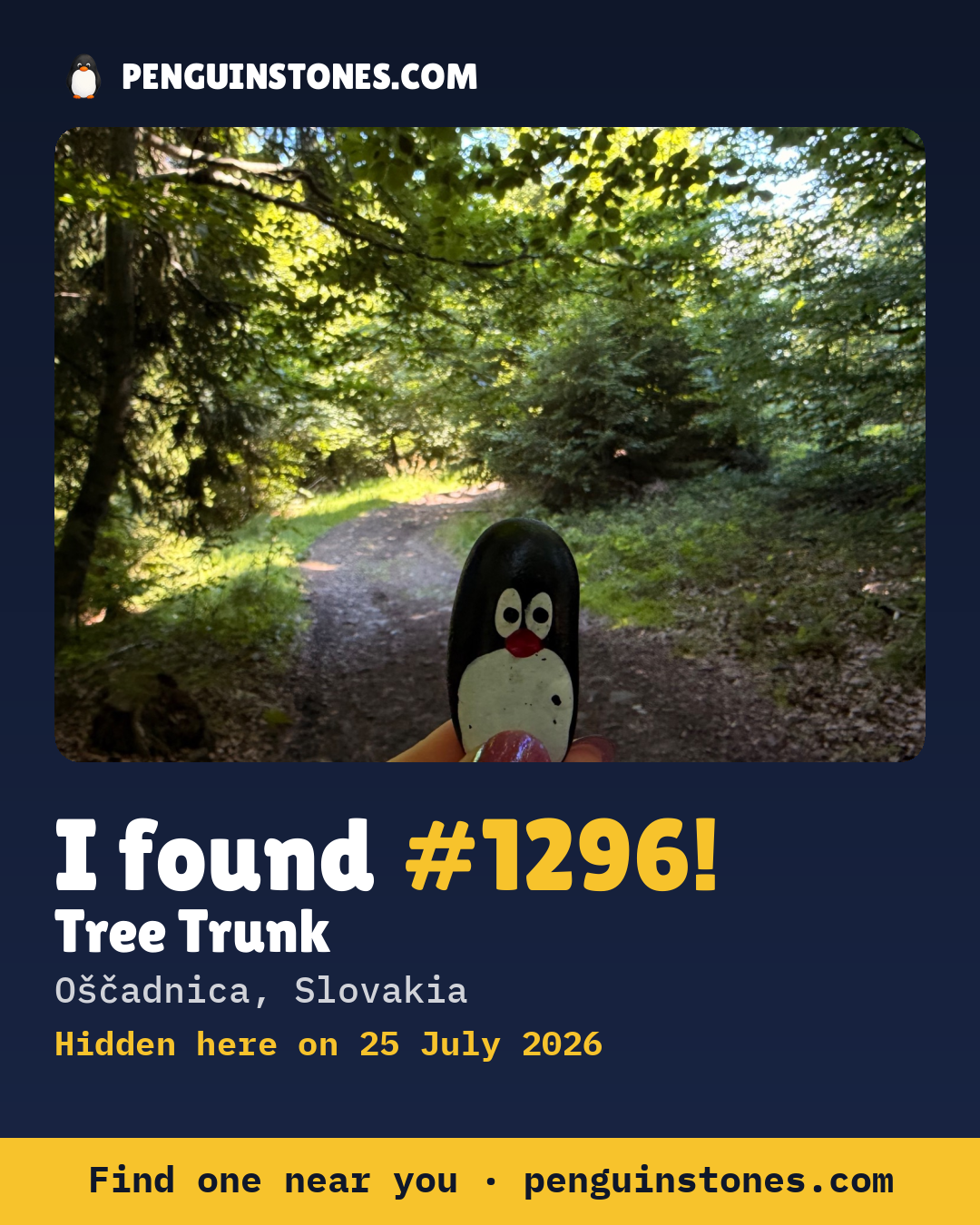 Obrázok s nápisom „I found #1296“: fotka kameňa, kde je a ako ďaleko docestoval