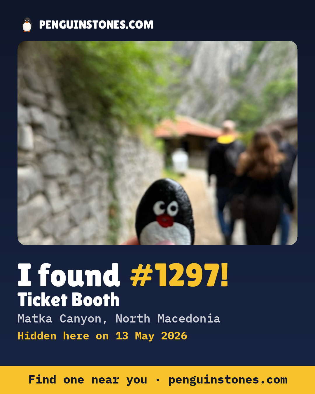 Obrázok s nápisom „I found #1297“: fotka kameňa, kde je a ako ďaleko docestoval