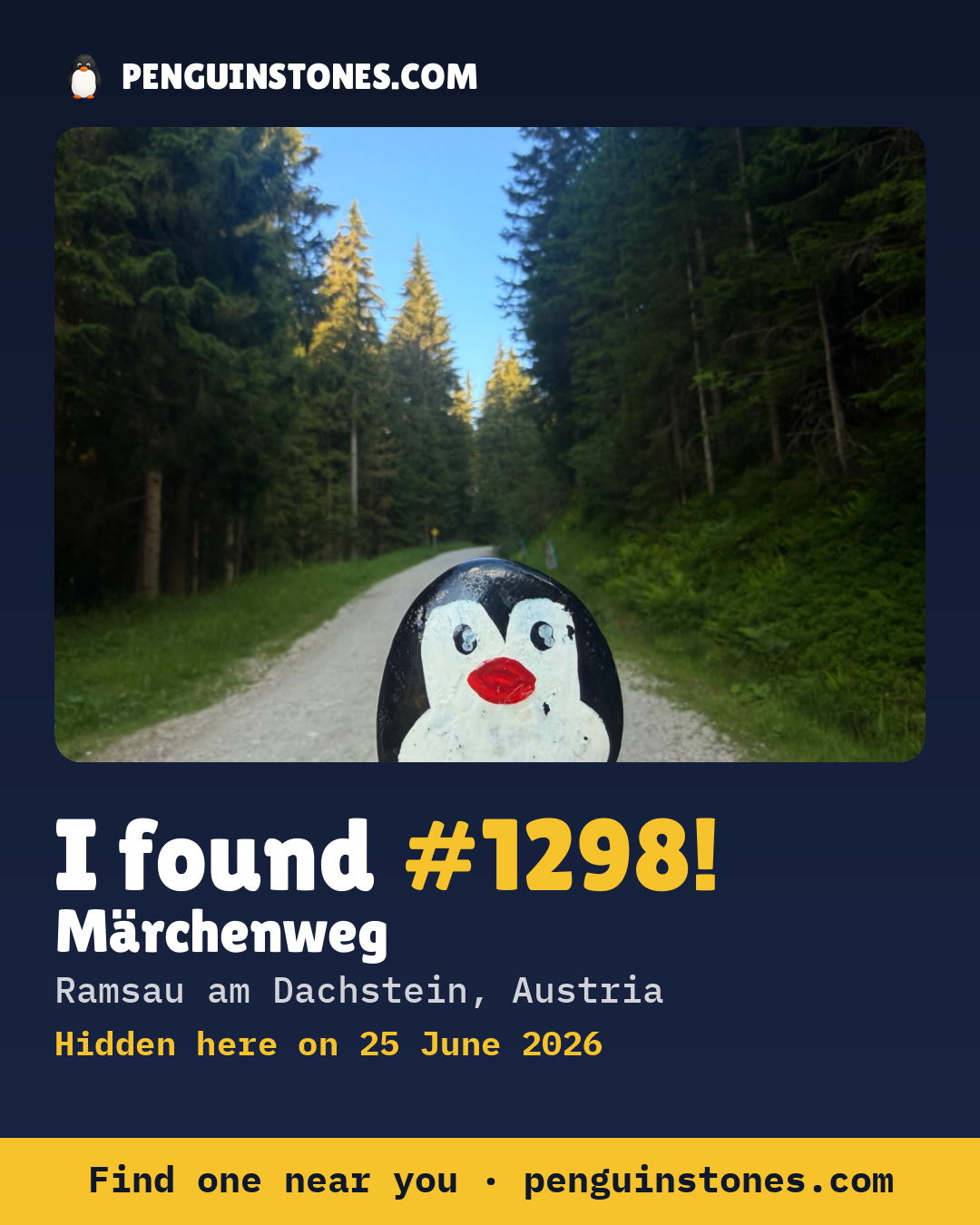 Obrázok s nápisom „I found #1298“: fotka kameňa, kde je a ako ďaleko docestoval