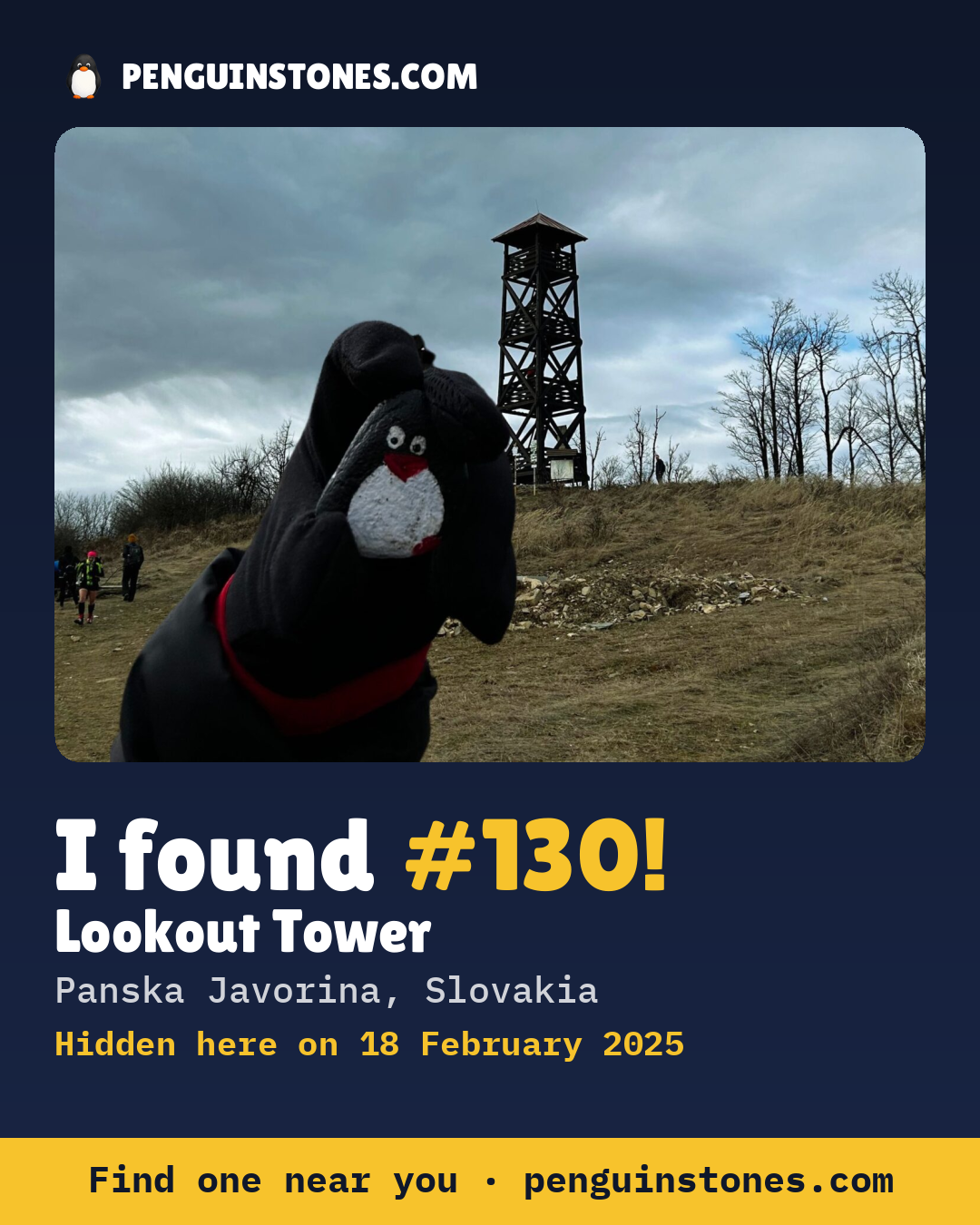 Obrázok s nápisom „I found #130“: fotka kameňa, kde je a ako ďaleko docestoval