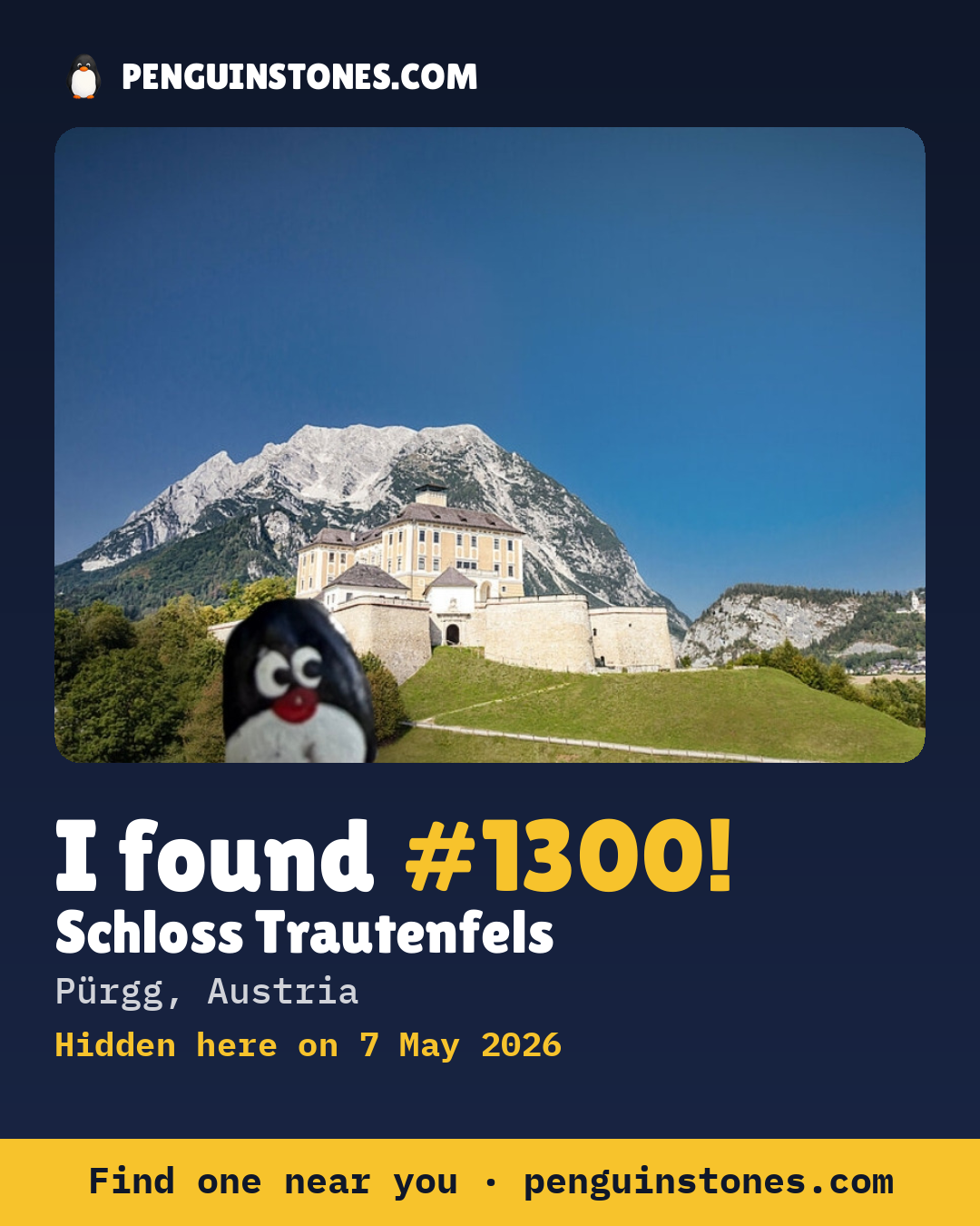 Obrázok s nápisom „I found #1300“: fotka kameňa, kde je a ako ďaleko docestoval