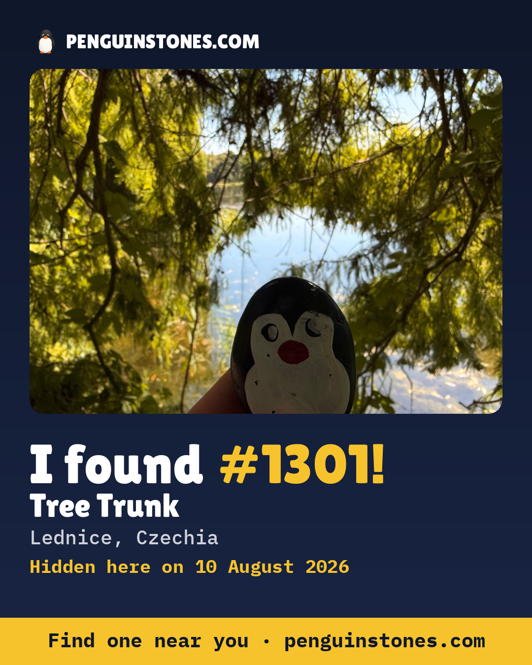 Obrázok s nápisom „I found #1301“: fotka kameňa, kde je a ako ďaleko docestoval