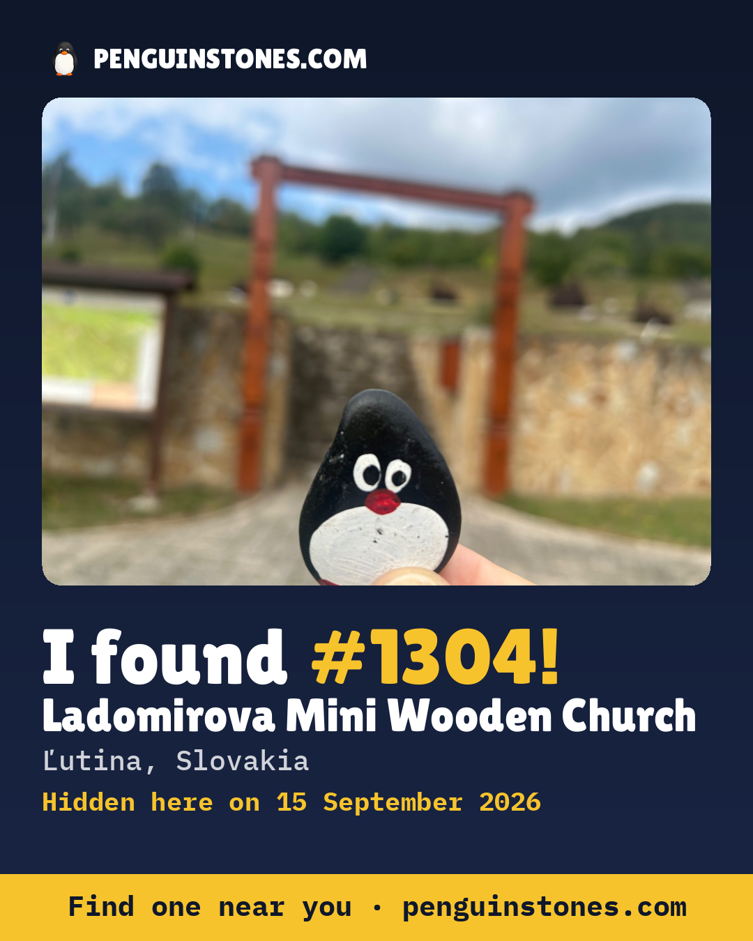 Obrázok s nápisom „I found #1304“: fotka kameňa, kde je a ako ďaleko docestoval