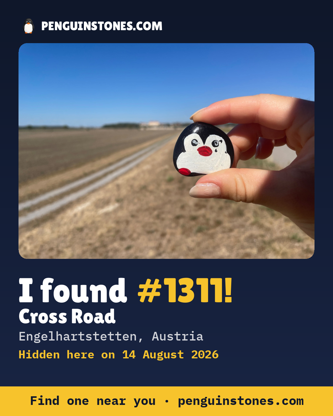Obrázok s nápisom „I found #1311“: fotka kameňa, kde je a ako ďaleko docestoval