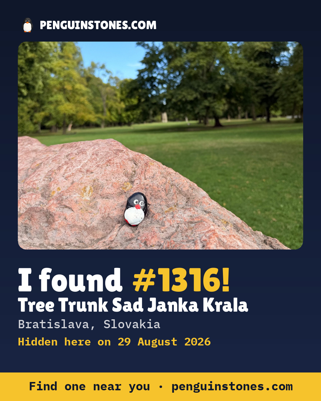 Obrázok s nápisom „I found #1316“: fotka kameňa, kde je a ako ďaleko docestoval