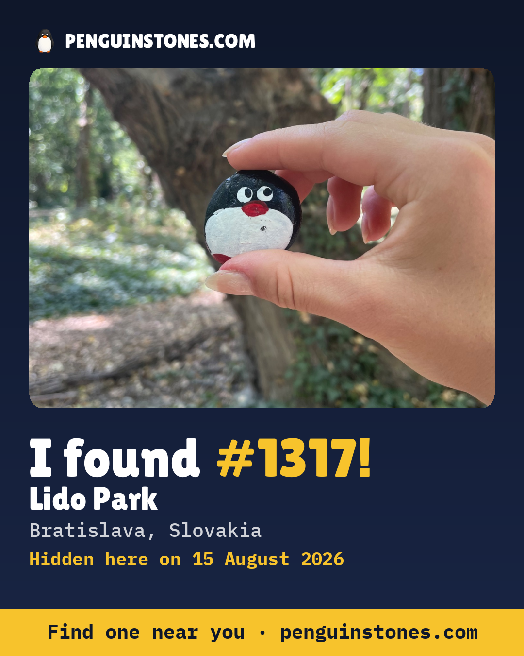 Obrázok s nápisom „I found #1317“: fotka kameňa, kde je a ako ďaleko docestoval
